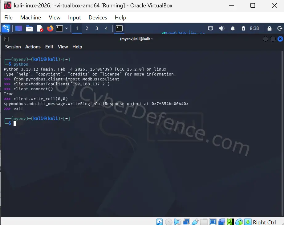 Kali terminal showing PyModbus connection/write