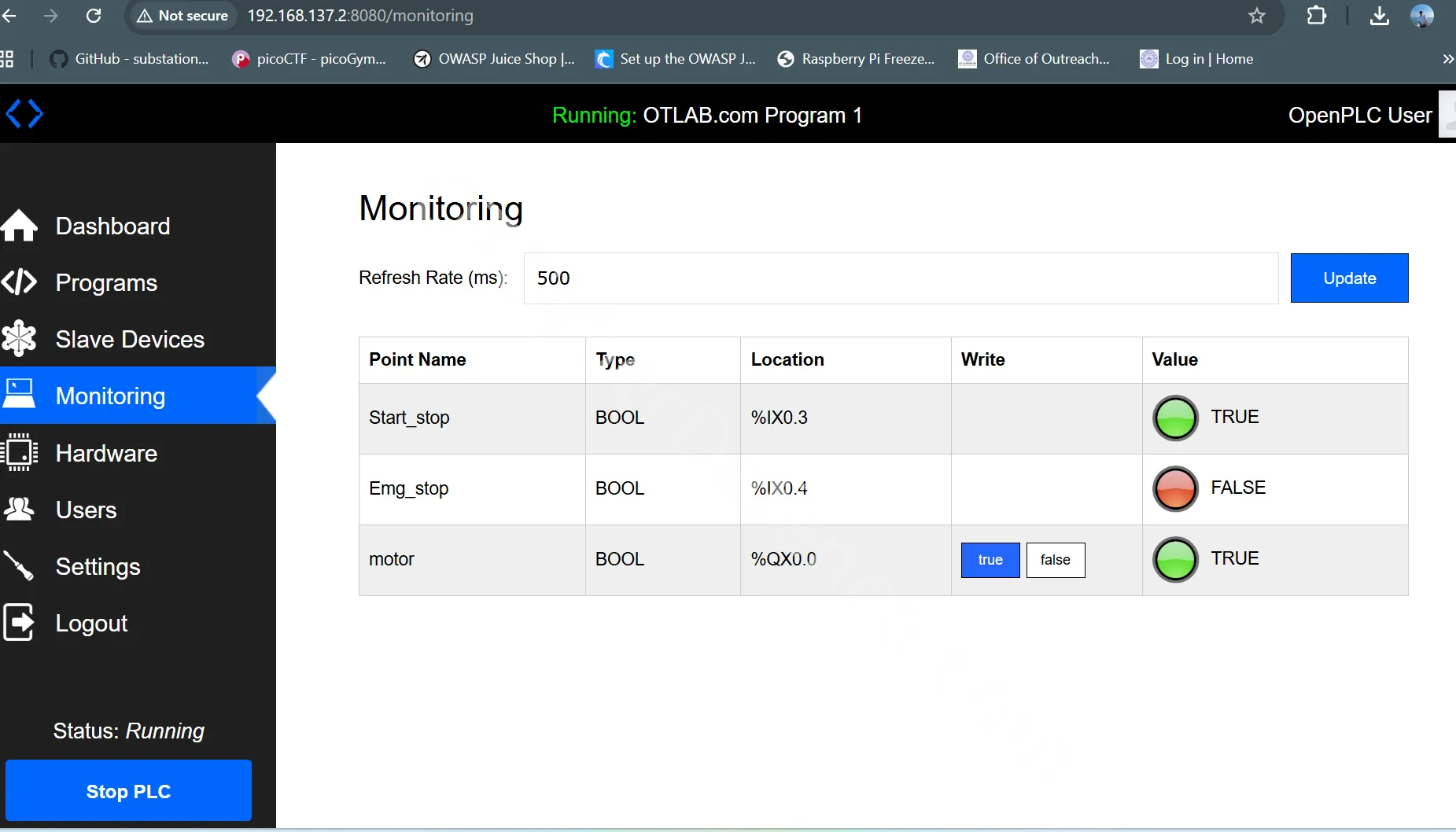 OpenPLC Monitoring page – pushbutton pressed