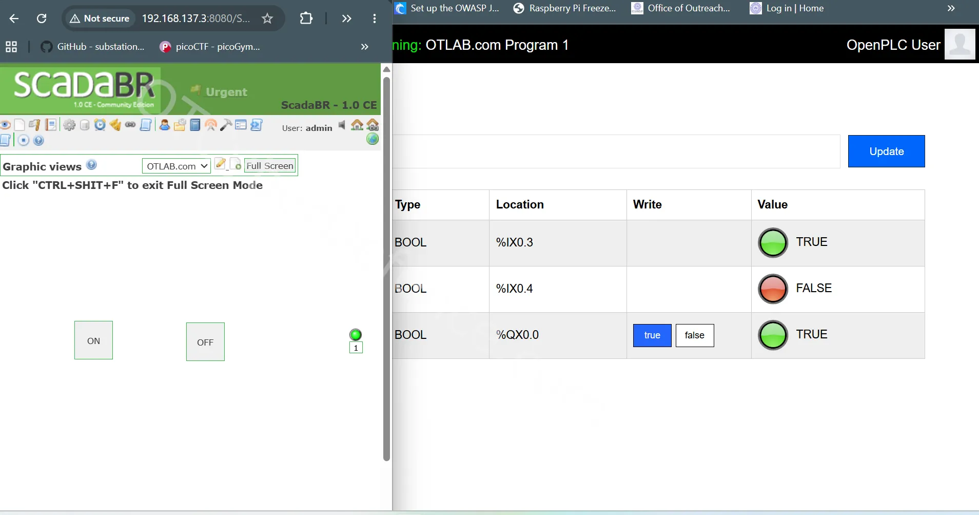 OpenPLC Monitoring and ScadaBR side-by-side
