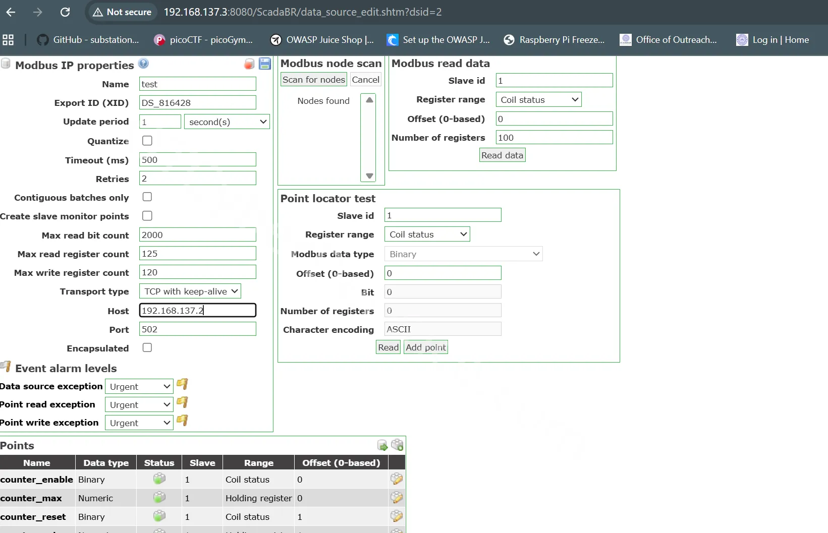ScadaBR Modbus TCP data source configuration