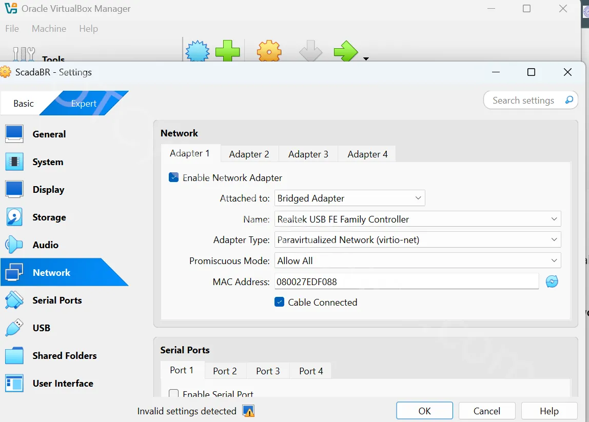VirtualBox ScadaBR Bridged Adapter configuration