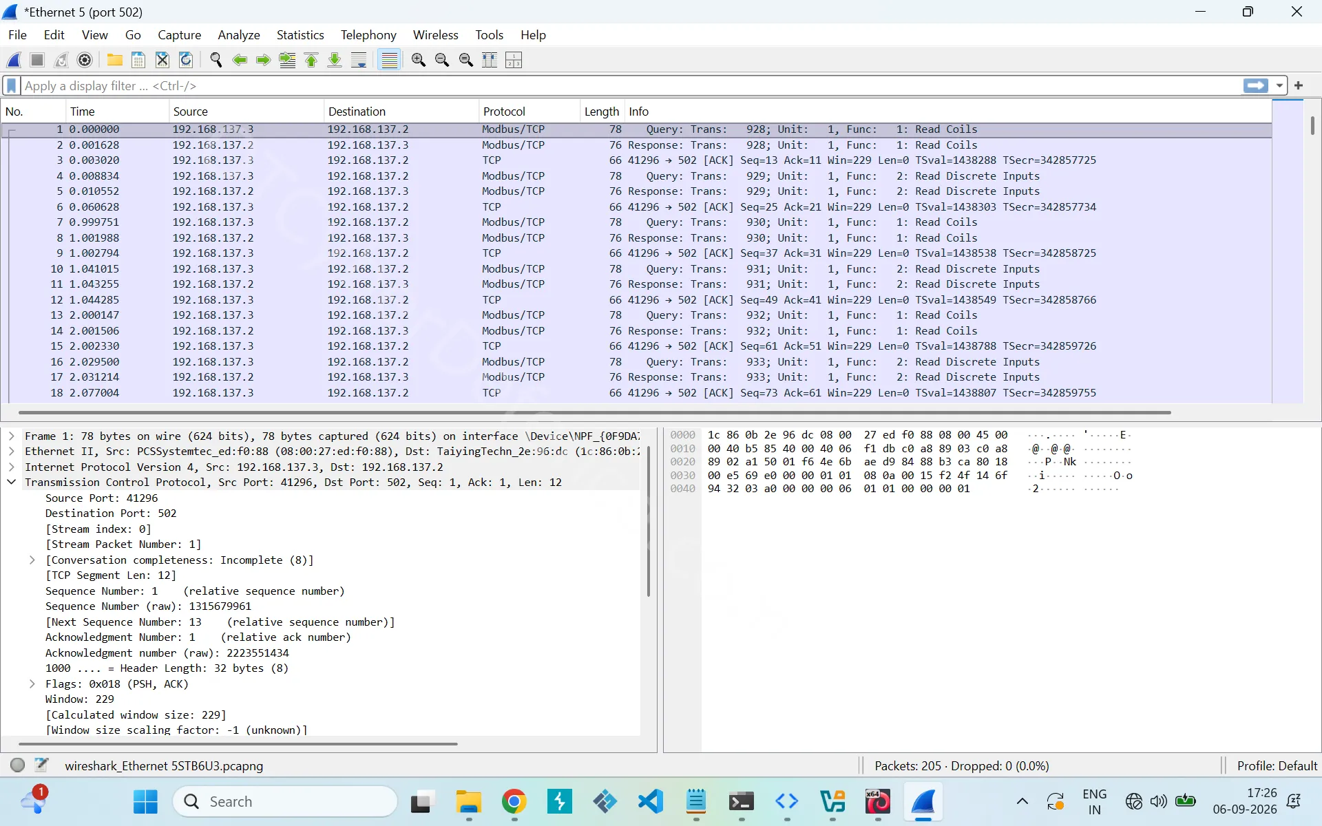 Wireshark showing Modbus TCP traffic