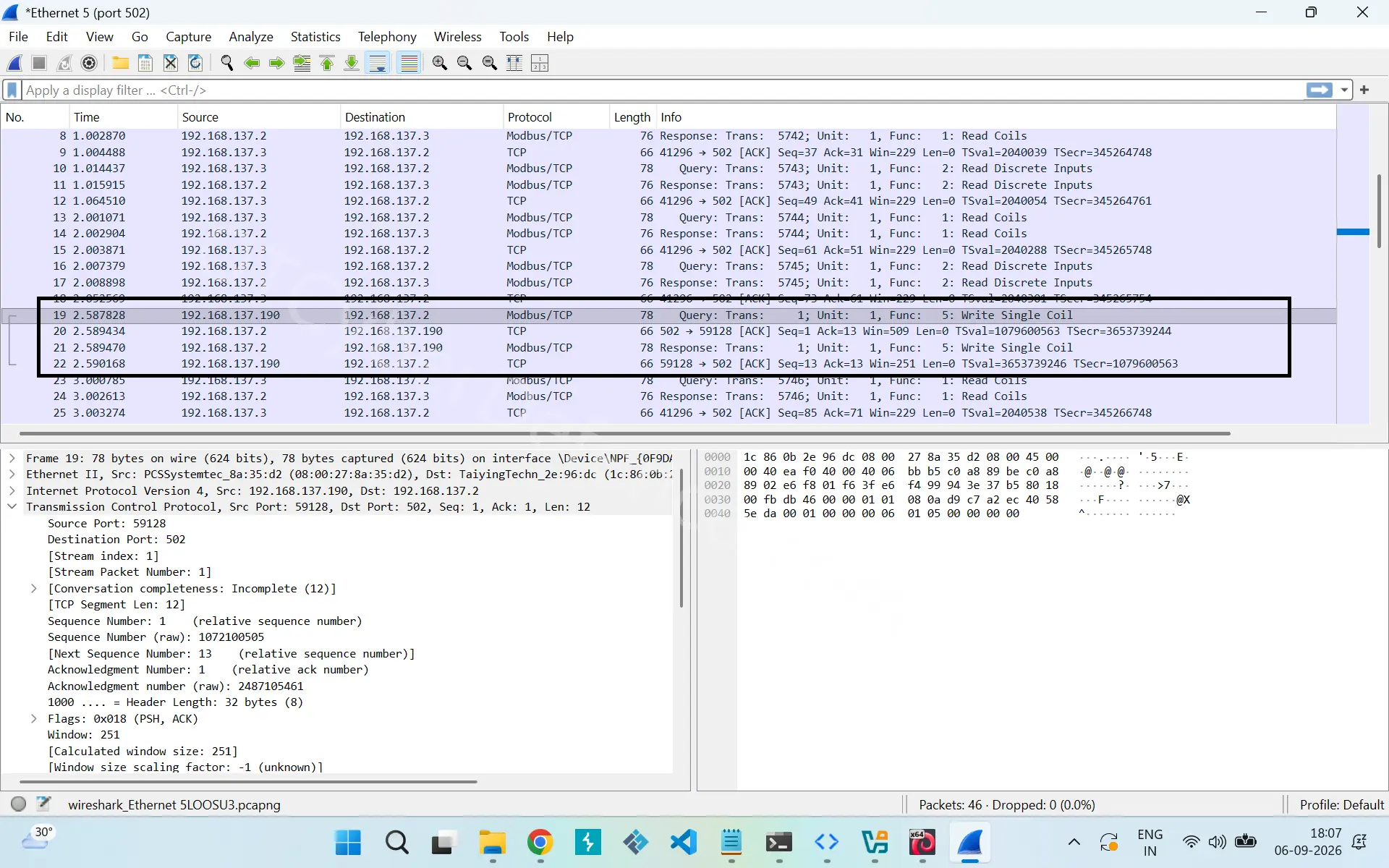 Wireshark showing Write Single Coil request from 192.168.137.190